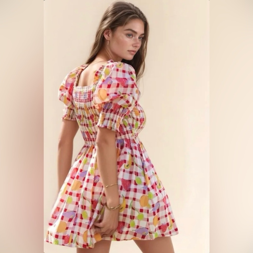 DAVI & DANI Pink Red Yellow Checkered Puff-Sleeve Mini Dress - Picture 3 of 5
